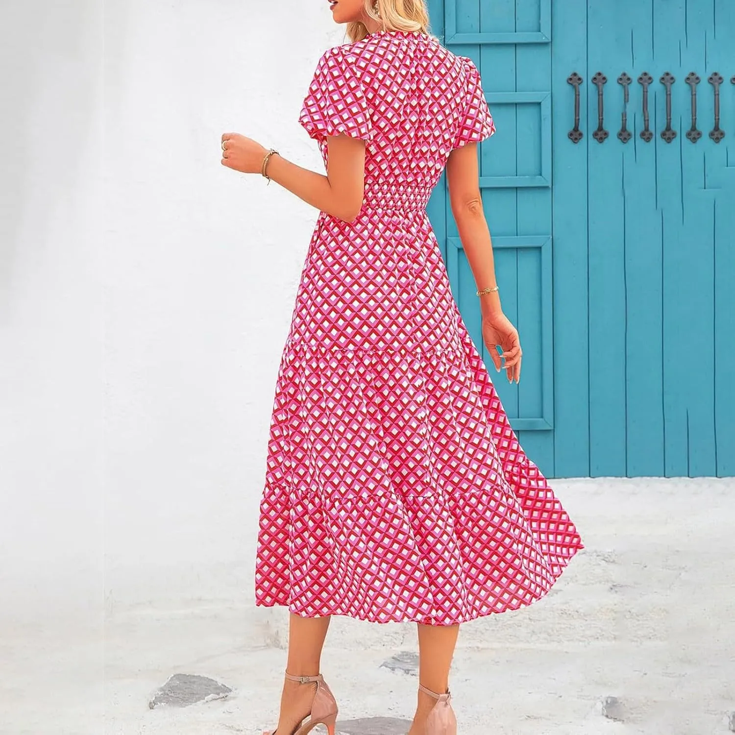 Women's Summer Casual V Neck Short Sleeve Ruffle Ruched Beach Boho Long Floral Maxi Dress Maxi Dress