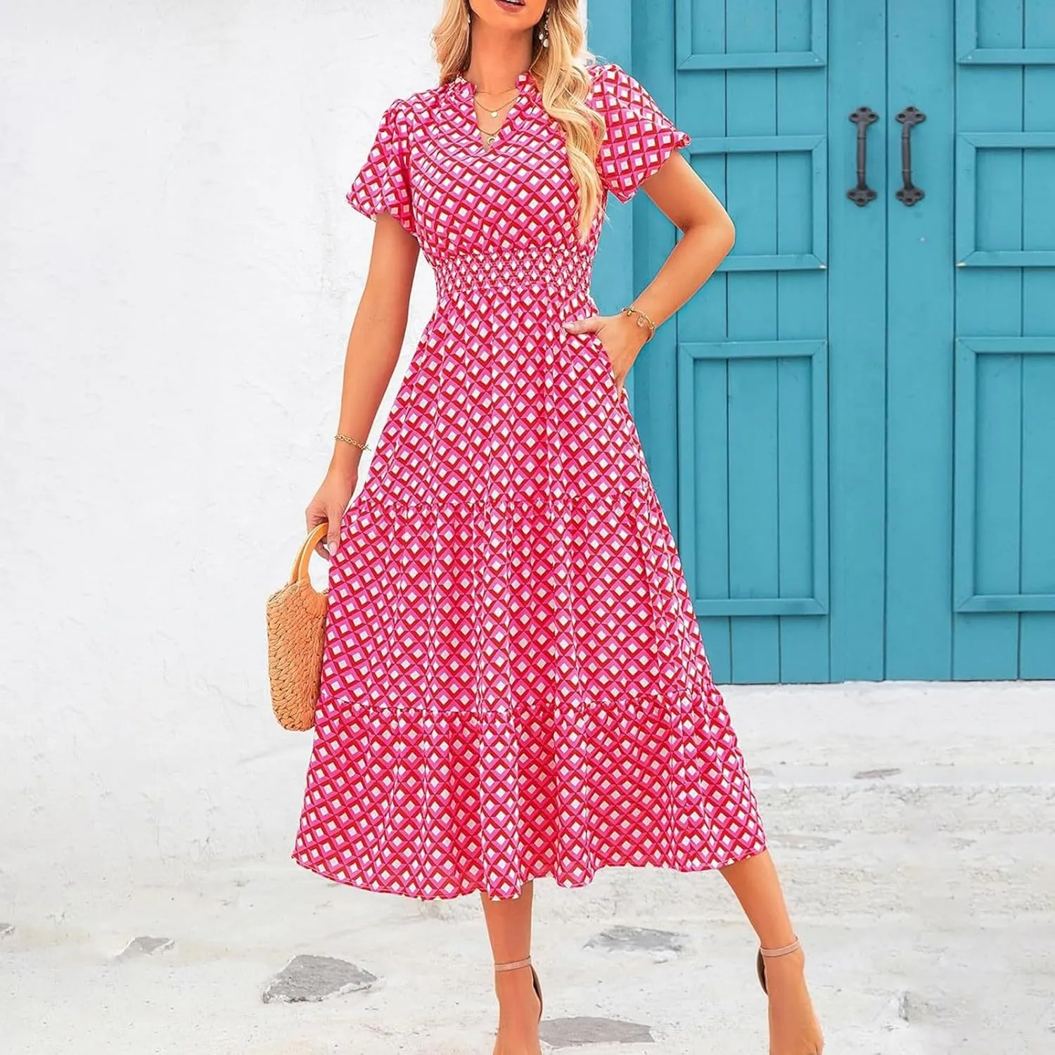 Women's Summer Casual V Neck Short Sleeve Ruffle Ruched Beach Boho Long Floral Maxi Dress Maxi Dress