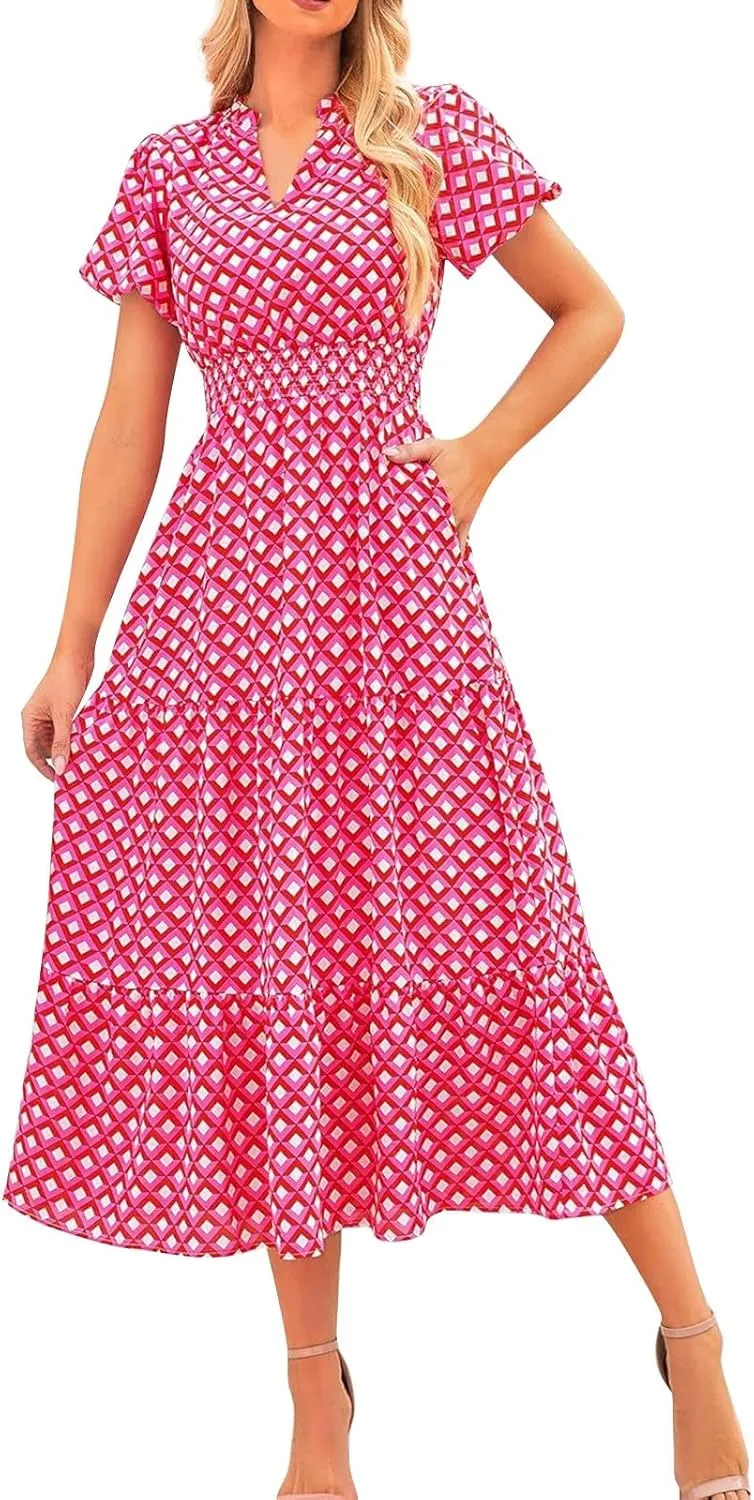 Women's Summer Casual V Neck Short Sleeve Ruffle Ruched Beach Boho Long Floral Maxi Dress Maxi Dress