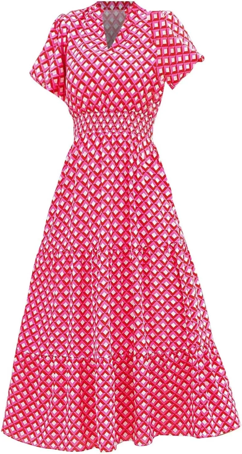 Women's Summer Casual V Neck Short Sleeve Ruffle Ruched Beach Boho Long Floral Maxi Dress Maxi Dress