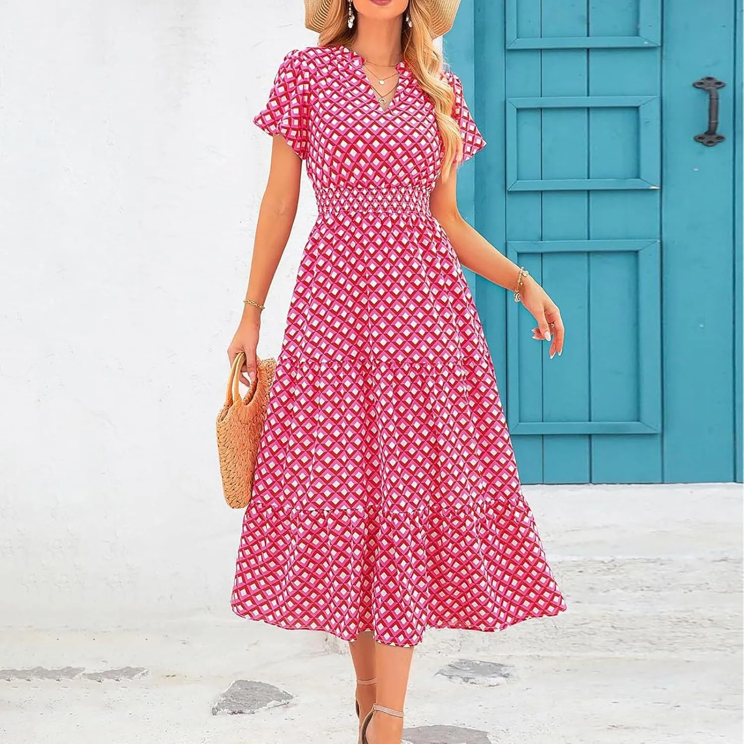Women's Summer Casual V Neck Short Sleeve Ruffle Ruched Beach Boho Long Floral Maxi Dress Maxi Dress