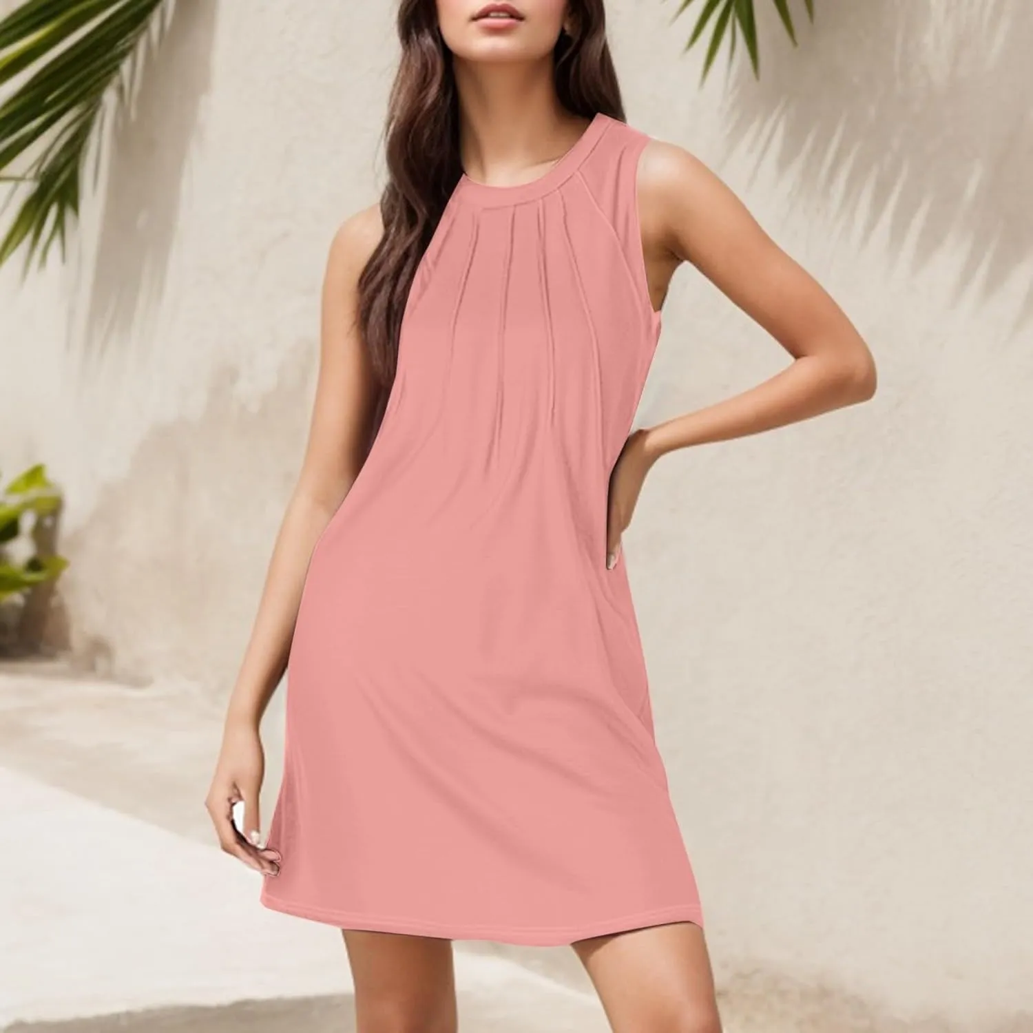 Womens Summer Dresses 2025 Casual Swimsuit Coverup Dress Plain Crewneck Sleeveless Sundresses Beach Loose Tank Dress
