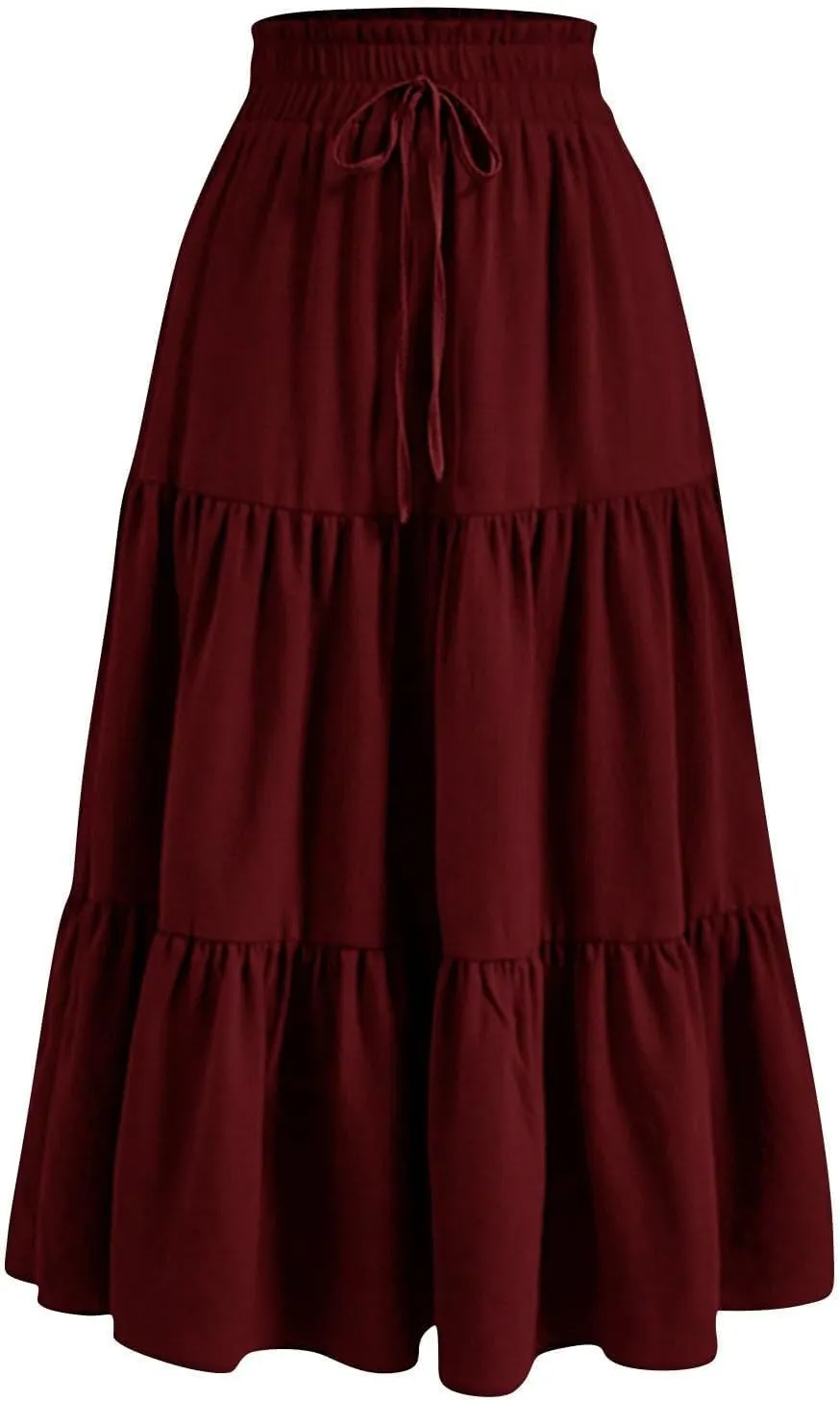 Women's Summer Pure Color Casual Skirt - Drawstring Elastic Waist with Pockets, Pleated Flowy A-Line Midi Skirts
