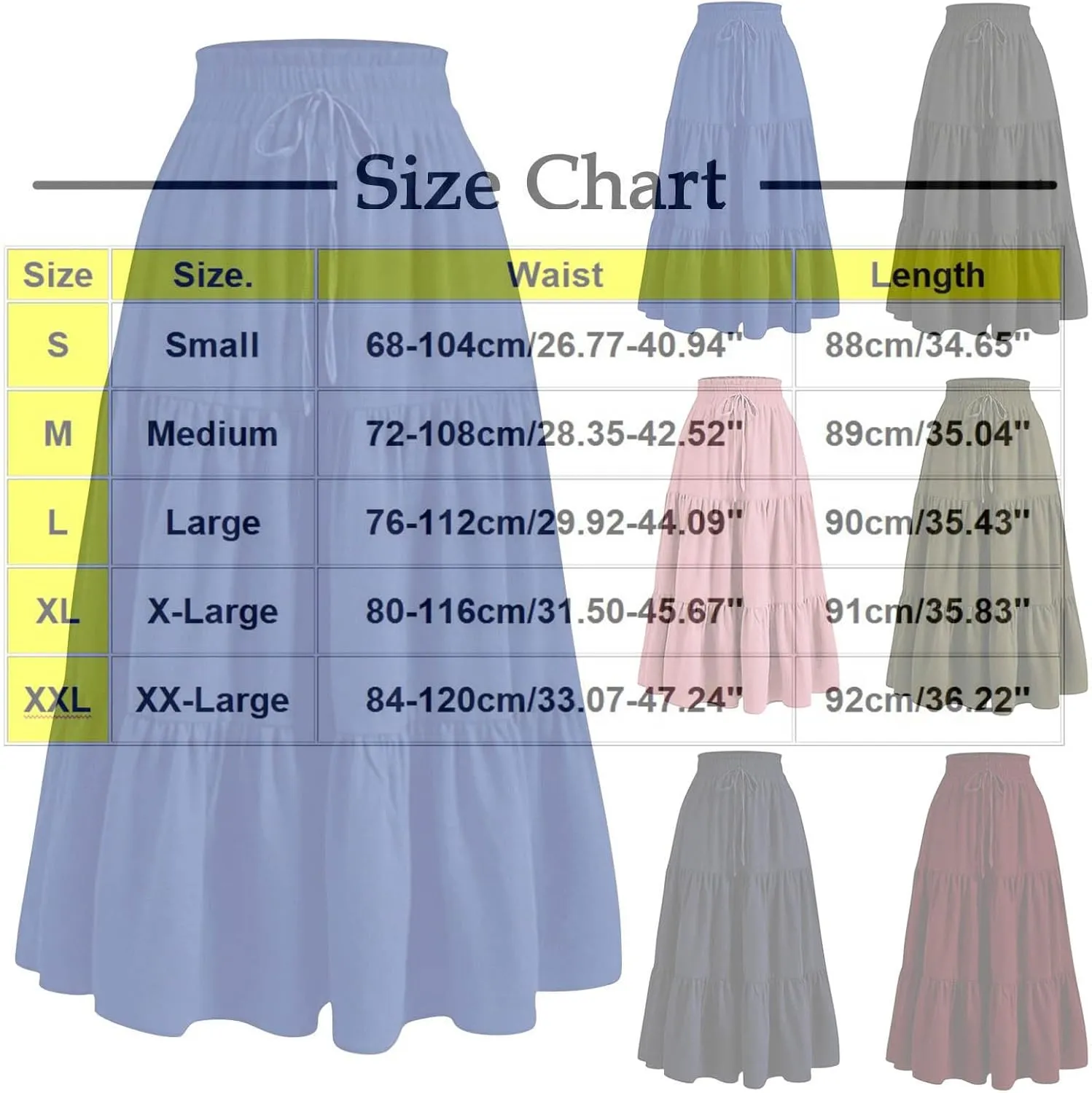 Women's Summer Pure Color Casual Skirt - Drawstring Elastic Waist with Pockets, Pleated Flowy A-Line Midi Skirts