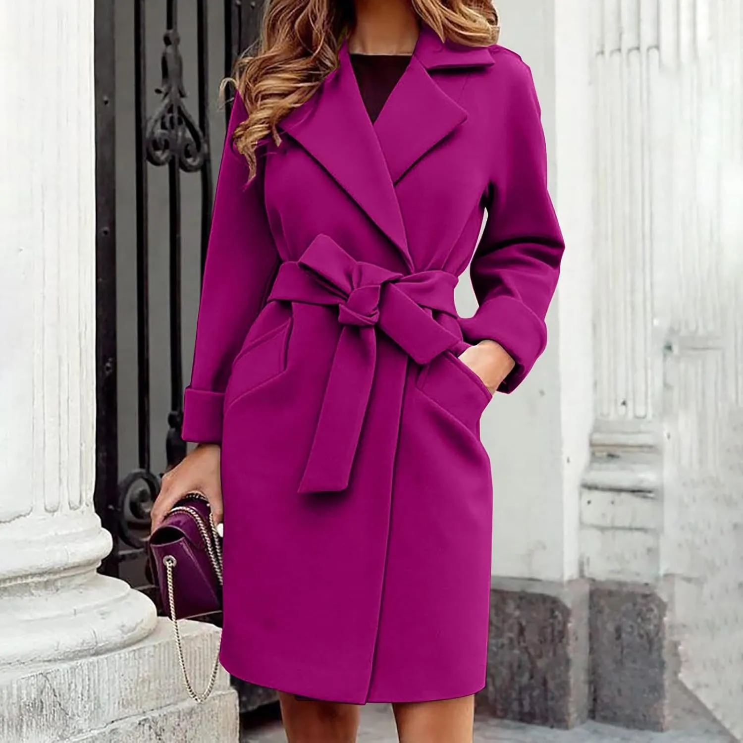 Women's Trendy Trench Coat Lapel Woolen Cloth Coats Dressy Casual Fall Winter Jackets Formal Long Overcoat