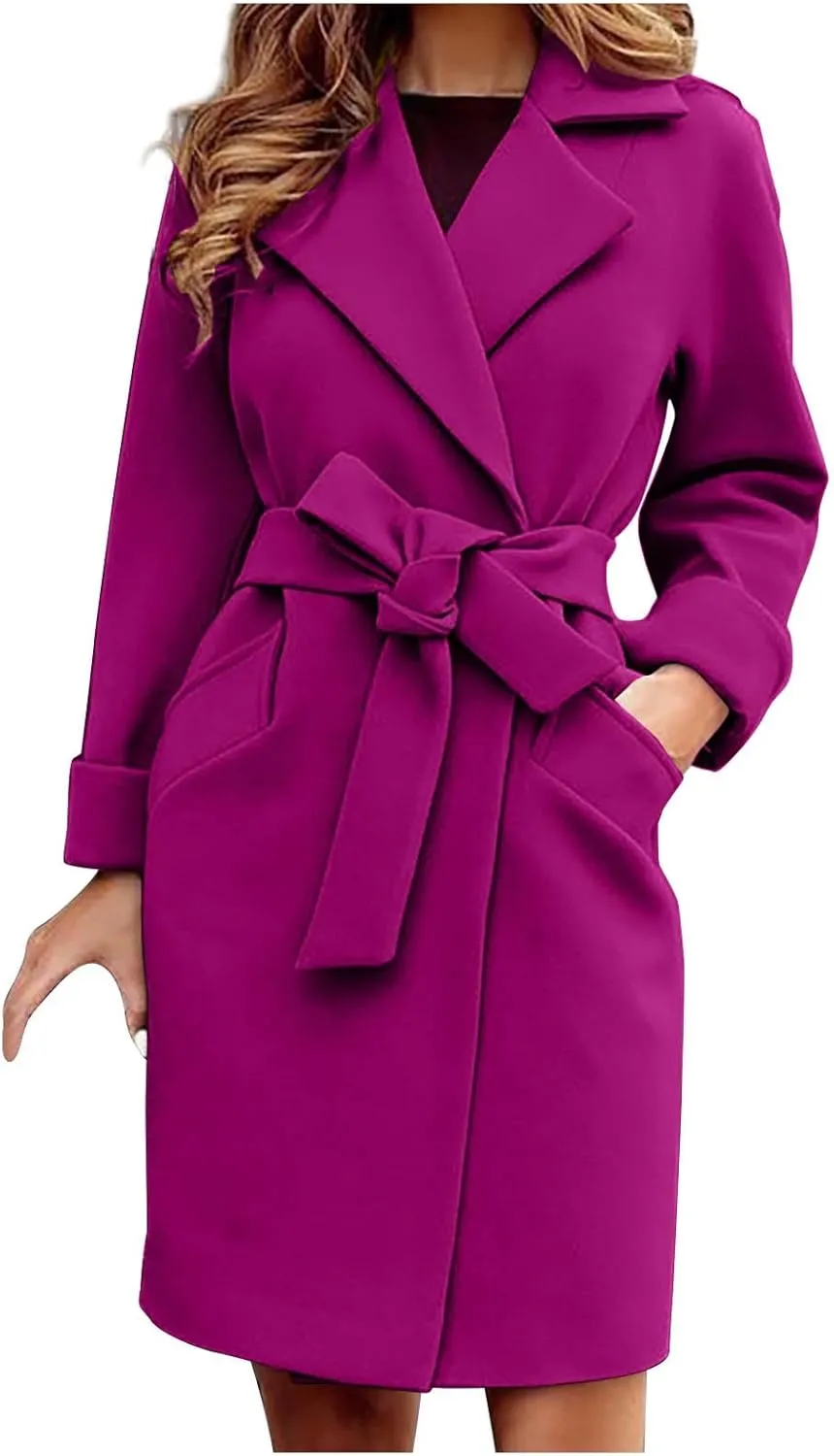 Women's Trendy Trench Coat Lapel Woolen Cloth Coats Dressy Casual Fall Winter Jackets Formal Long Overcoat