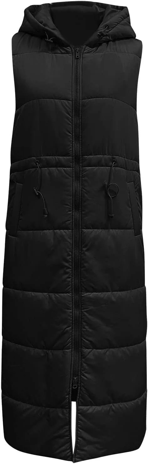 Women's Vest Coat Casual Sleeveless Oversized Long Jackets Solid Color Zip Up Down Jacket Quilted Outdoor Fleece Coat