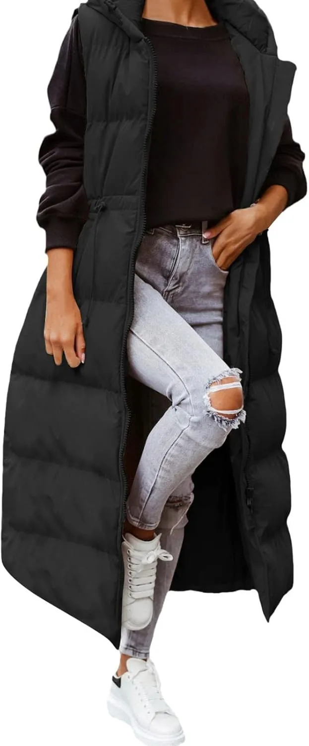 Women's Vest Coat Casual Sleeveless Oversized Long Jackets Solid Color Zip Up Down Jacket Quilted Outdoor Fleece Coat