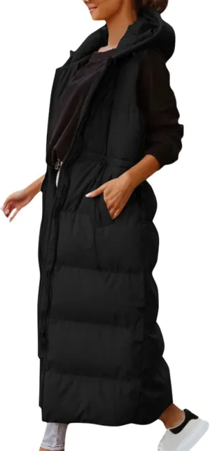 Women's Vest Coat Casual Sleeveless Oversized Long Jackets Solid Color Zip Up Down Jacket Quilted Outdoor Fleece Coat
