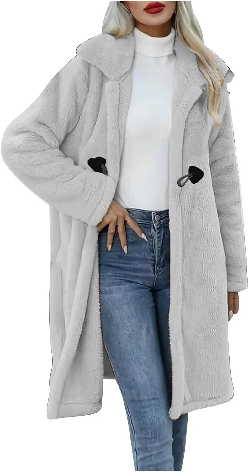 Womens Winter Long Sherpa Coats, Fuzzy Faux Fur Trench Jackets Fleece Warm Solid Button Long Cardigan with Pockets