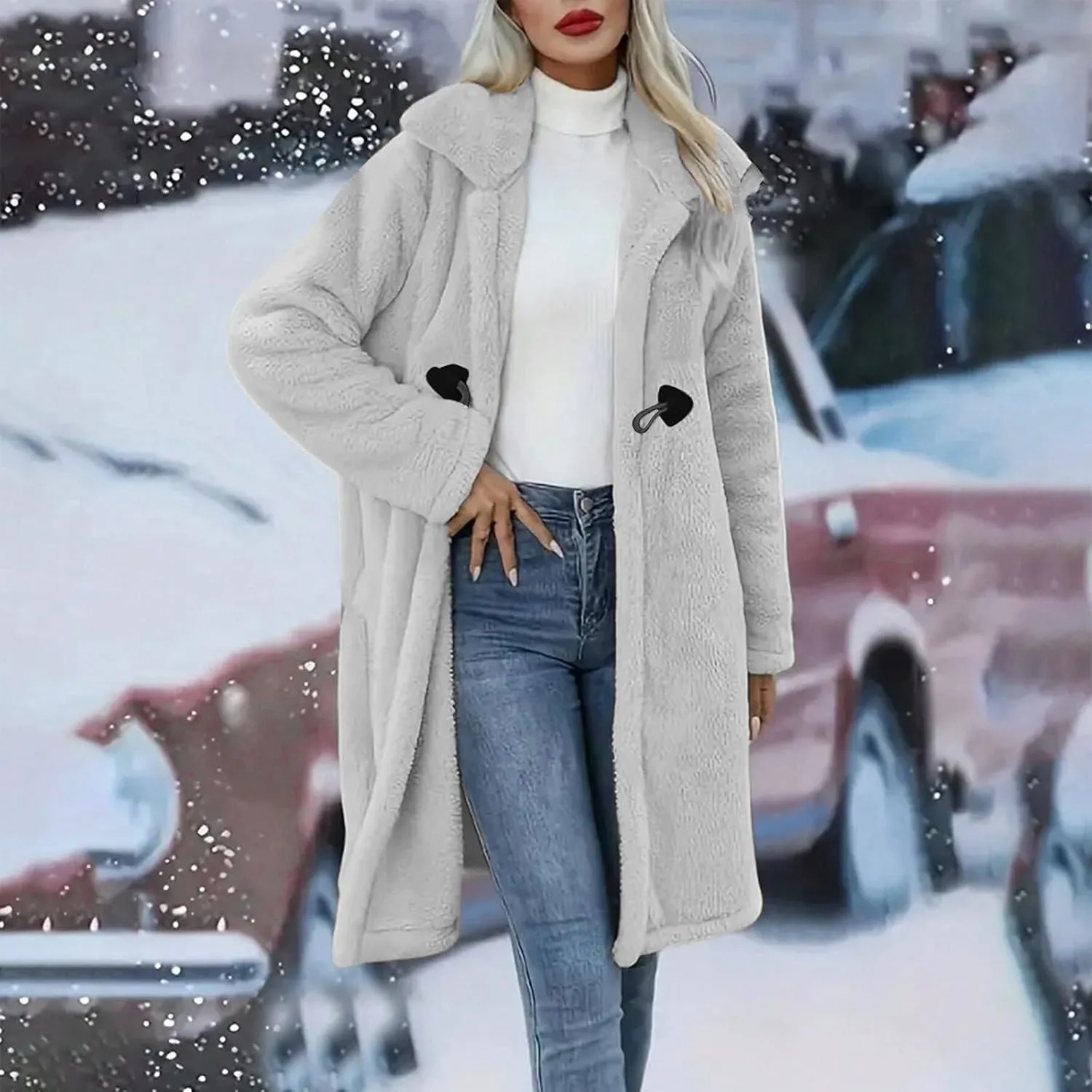 Womens Winter Long Sherpa Coats, Fuzzy Faux Fur Trench Jackets Fleece Warm Solid Button Long Cardigan with Pockets