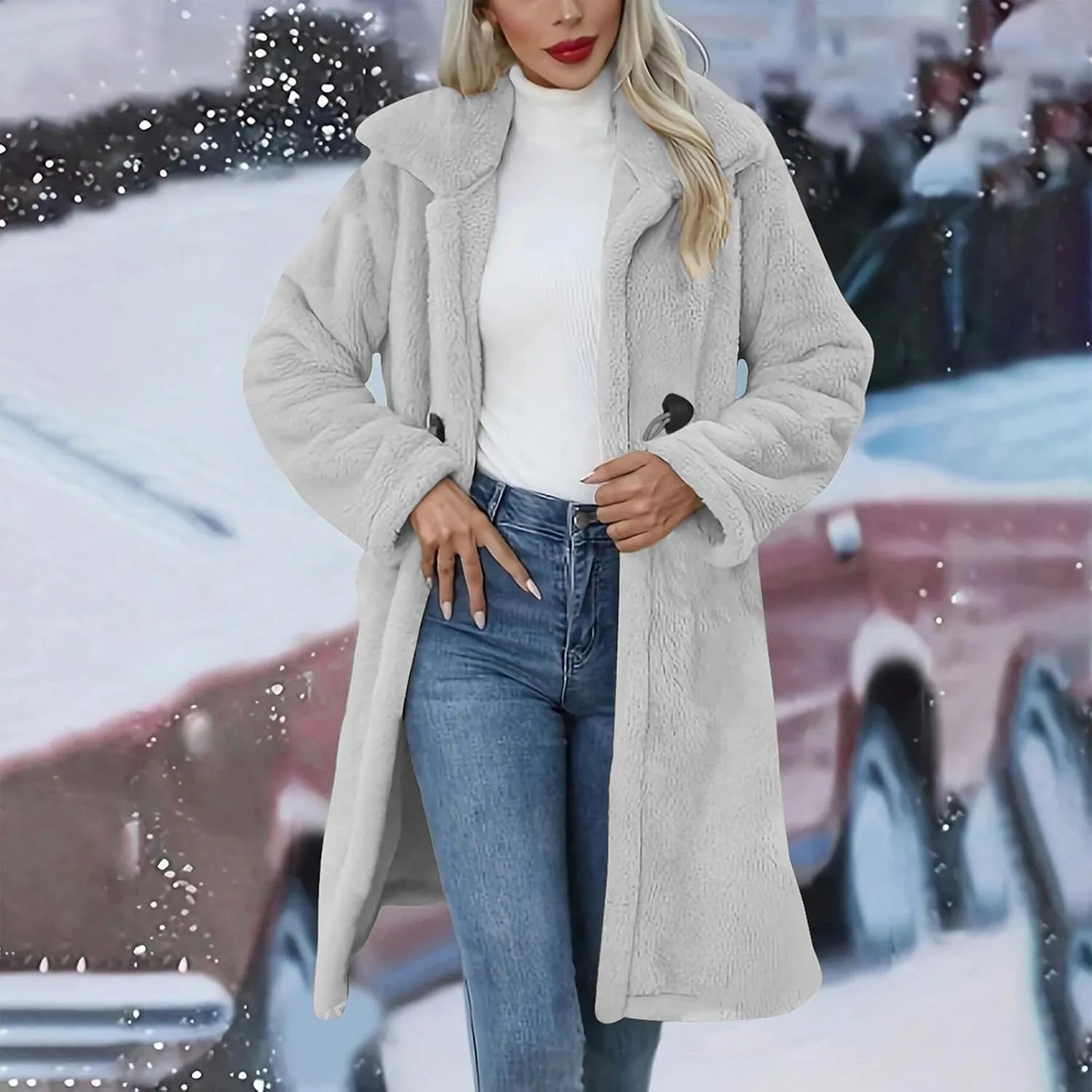 Womens Winter Long Sherpa Coats, Fuzzy Faux Fur Trench Jackets Fleece Warm Solid Button Long Cardigan with Pockets