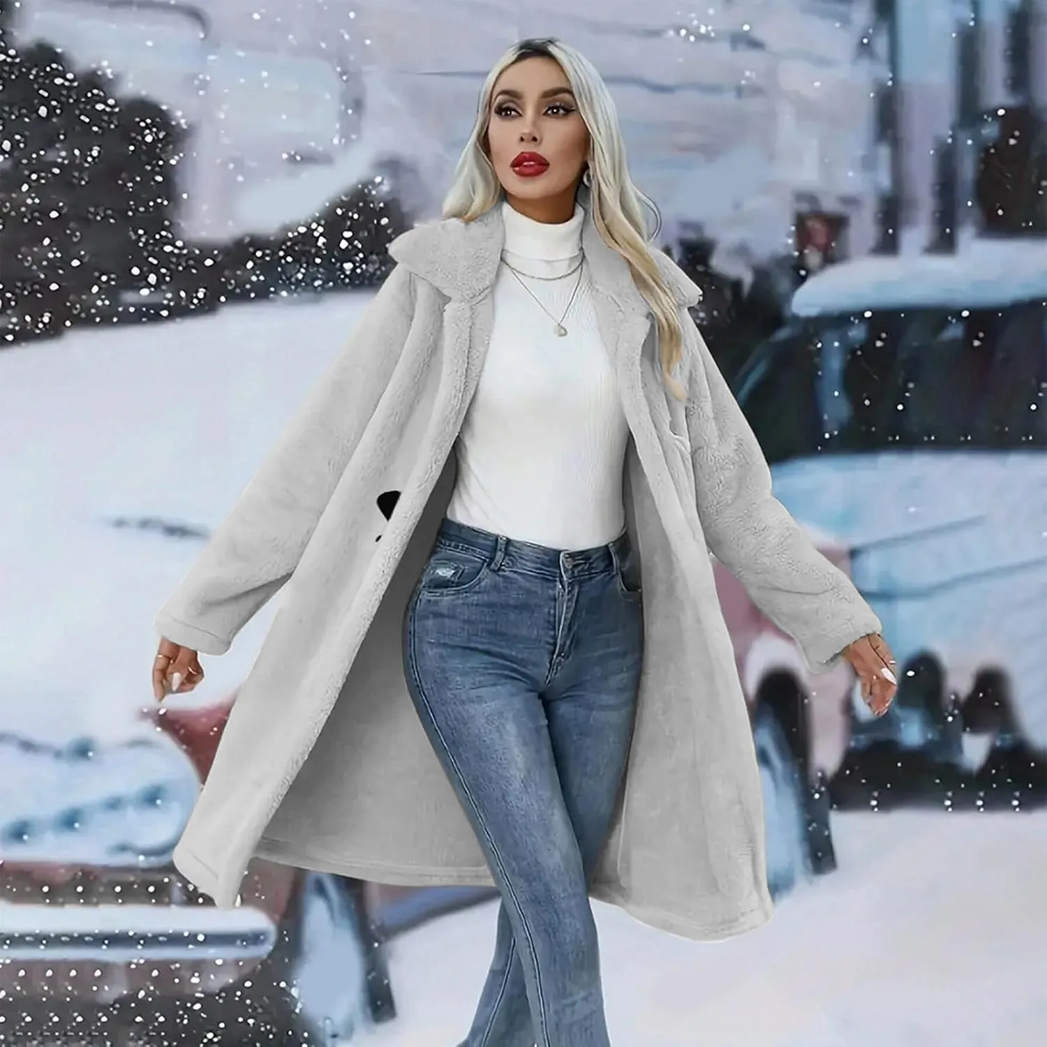 Womens Winter Long Sherpa Coats, Fuzzy Faux Fur Trench Jackets Fleece Warm Solid Button Long Cardigan with Pockets