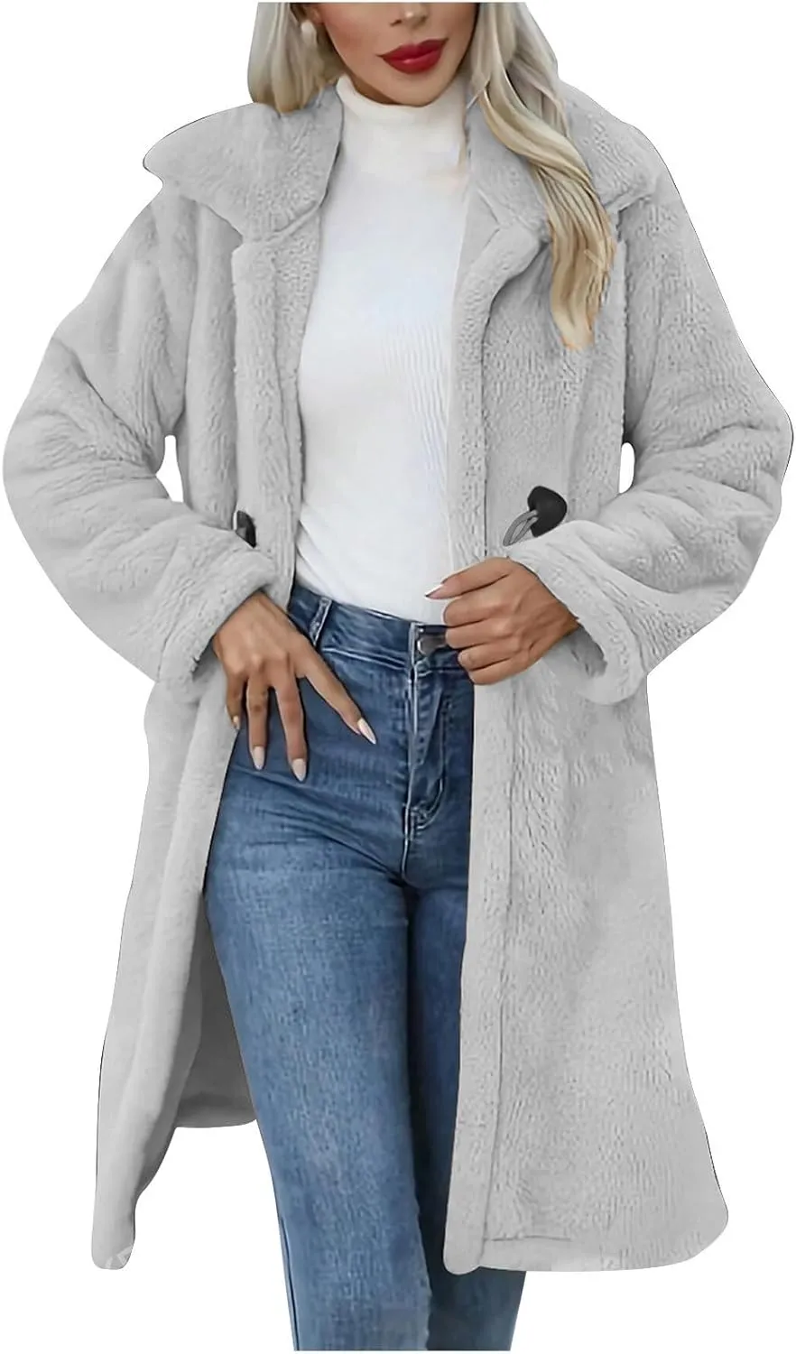 Womens Winter Long Sherpa Coats, Fuzzy Faux Fur Trench Jackets Fleece Warm Solid Button Long Cardigan with Pockets