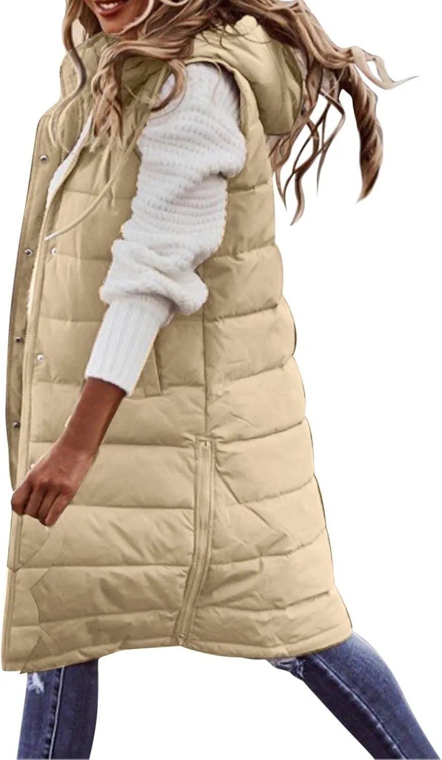 Womens Winter Sleeveless Coat Oversized Qulited Heavtweight Warm Dowm Jacket Vest Outdoor Zip Up Long Fleece Jackets