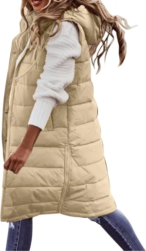 Womens Winter Sleeveless Coat Oversized Qulited Heavtweight Warm Dowm Jacket Vest Outdoor Zip Up Long Fleece Jackets