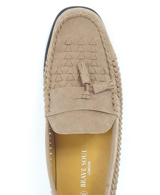 WOVEN DETAIL SAND FAUX SUEDE LOAFERS