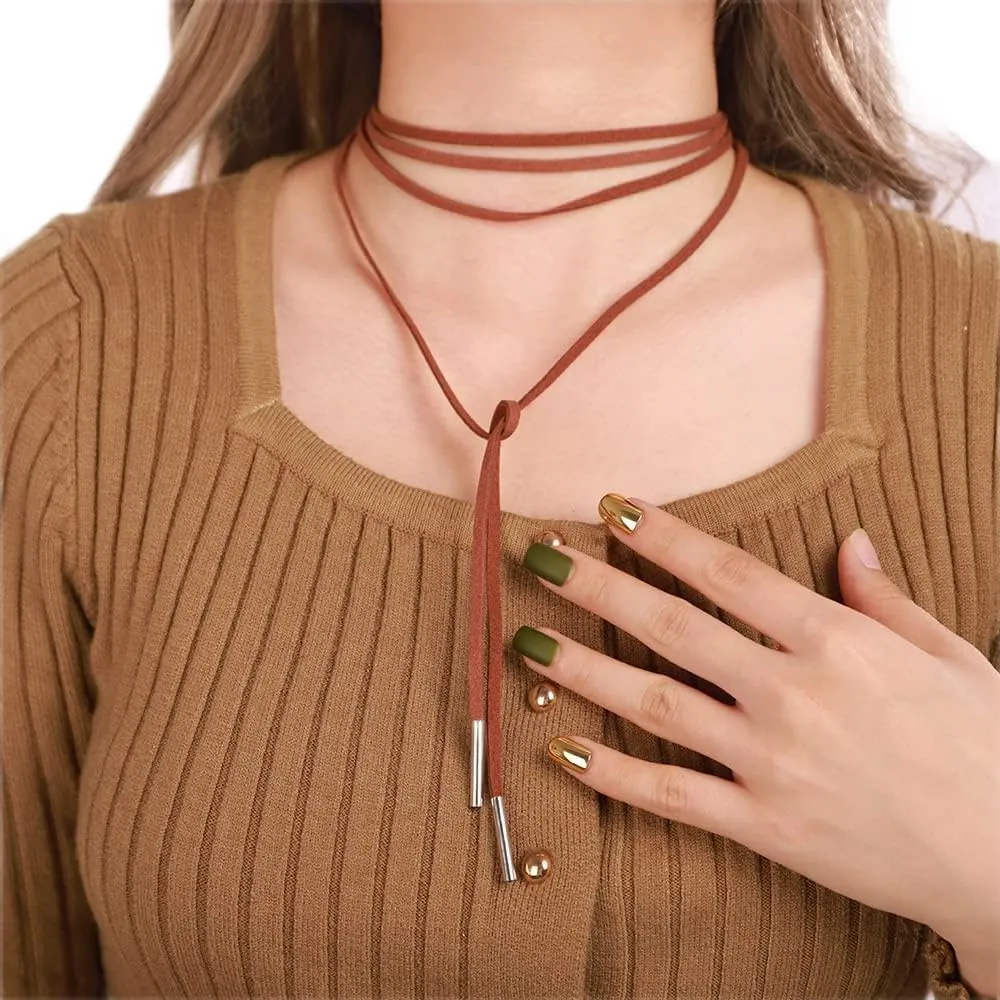 Xerling Brown Velvet Wrap Around Choker Long Suede Necklaces Boho Long Pendant Y Necklaces Stacked Layered Chains Necklaces for Women Girls (Brown Gold)