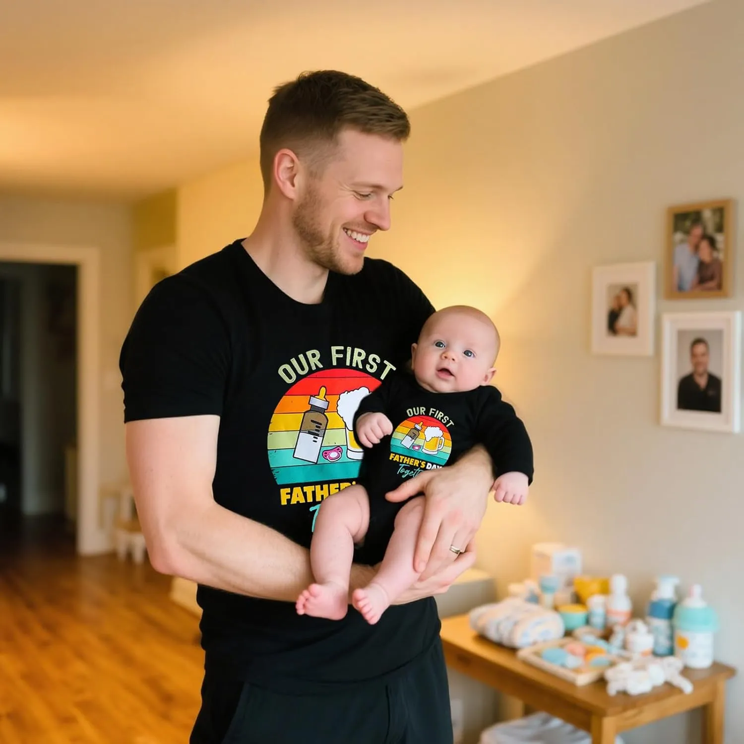 Xumplo First Fathers Day Shirt for Daddy and Me Matching Outfits Mens T-Shirt Baby Rompers 100% Cotton Pack of 1