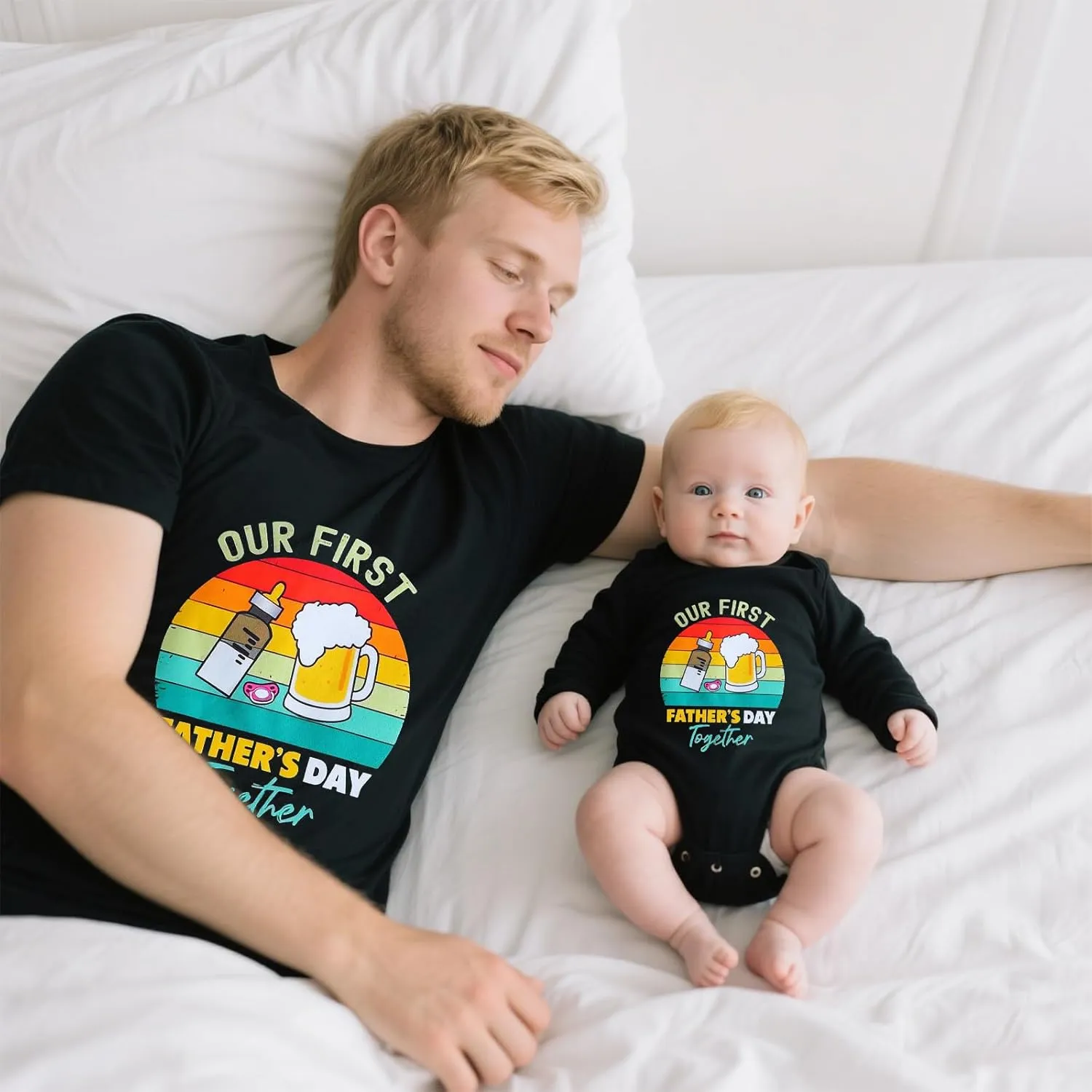 Xumplo First Fathers Day Shirt for Daddy and Me Matching Outfits Mens T-Shirt Baby Rompers 100% Cotton Pack of 1
