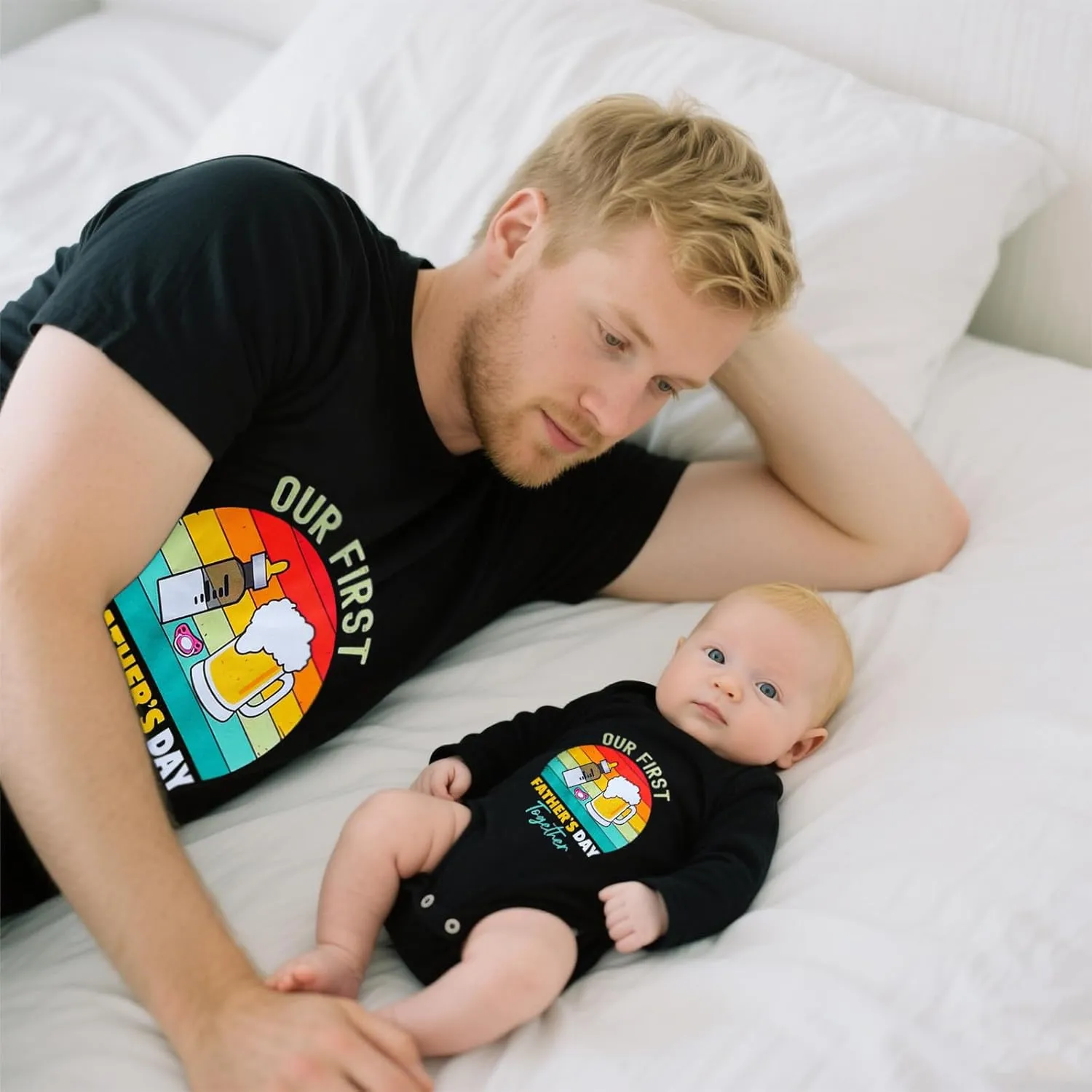 Xumplo First Fathers Day Shirt for Daddy and Me Matching Outfits Mens T-Shirt Baby Rompers 100% Cotton Pack of 1