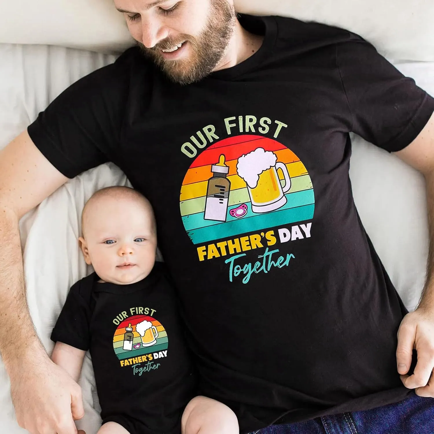 Xumplo First Fathers Day Shirt for Daddy and Me Matching Outfits Mens T-Shirt Baby Rompers 100% Cotton Pack of 1