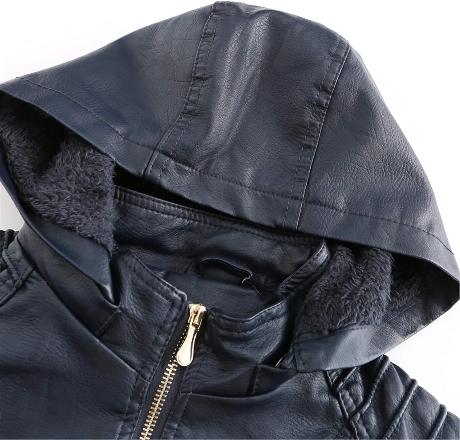 XUNRYAN Womens Removable Hooded Faux Leather Jackets Lightweight Fleece Jacket Sherpa-Lined Winter Warm Coats Outerwear