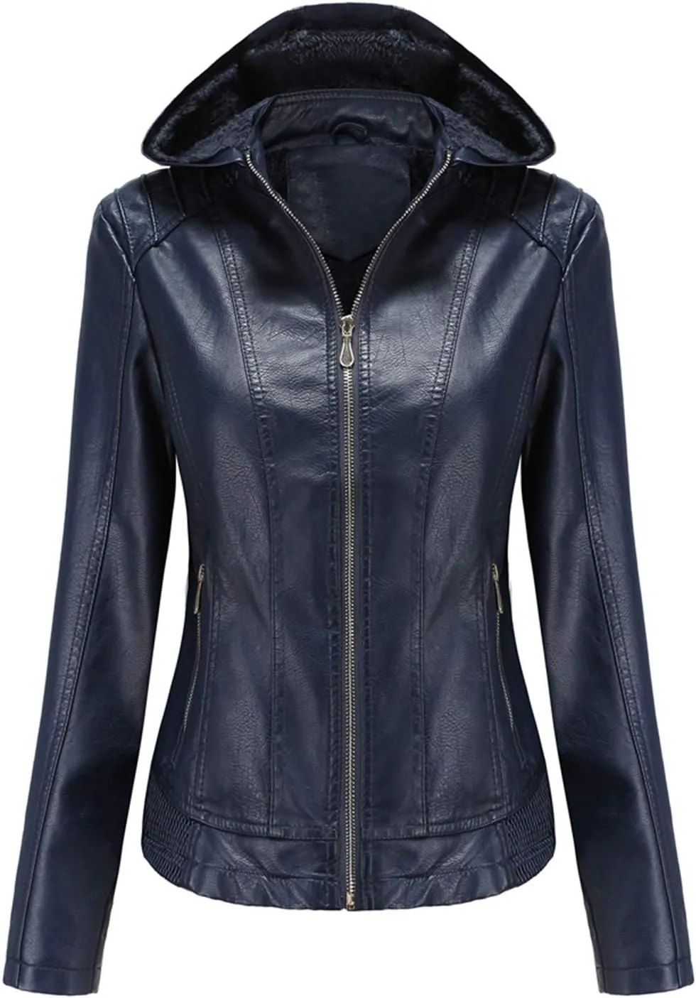 XUNRYAN Womens Removable Hooded Faux Leather Jackets Lightweight Fleece Jacket Sherpa-Lined Winter Warm Coats Outerwear