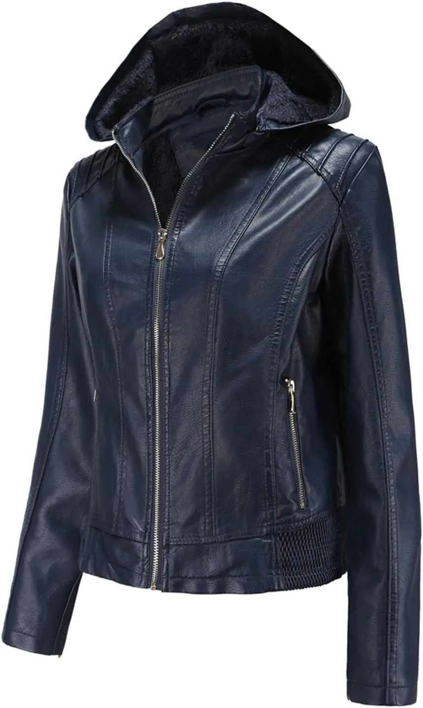 XUNRYAN Womens Removable Hooded Faux Leather Jackets Lightweight Fleece Jacket Sherpa-Lined Winter Warm Coats Outerwear
