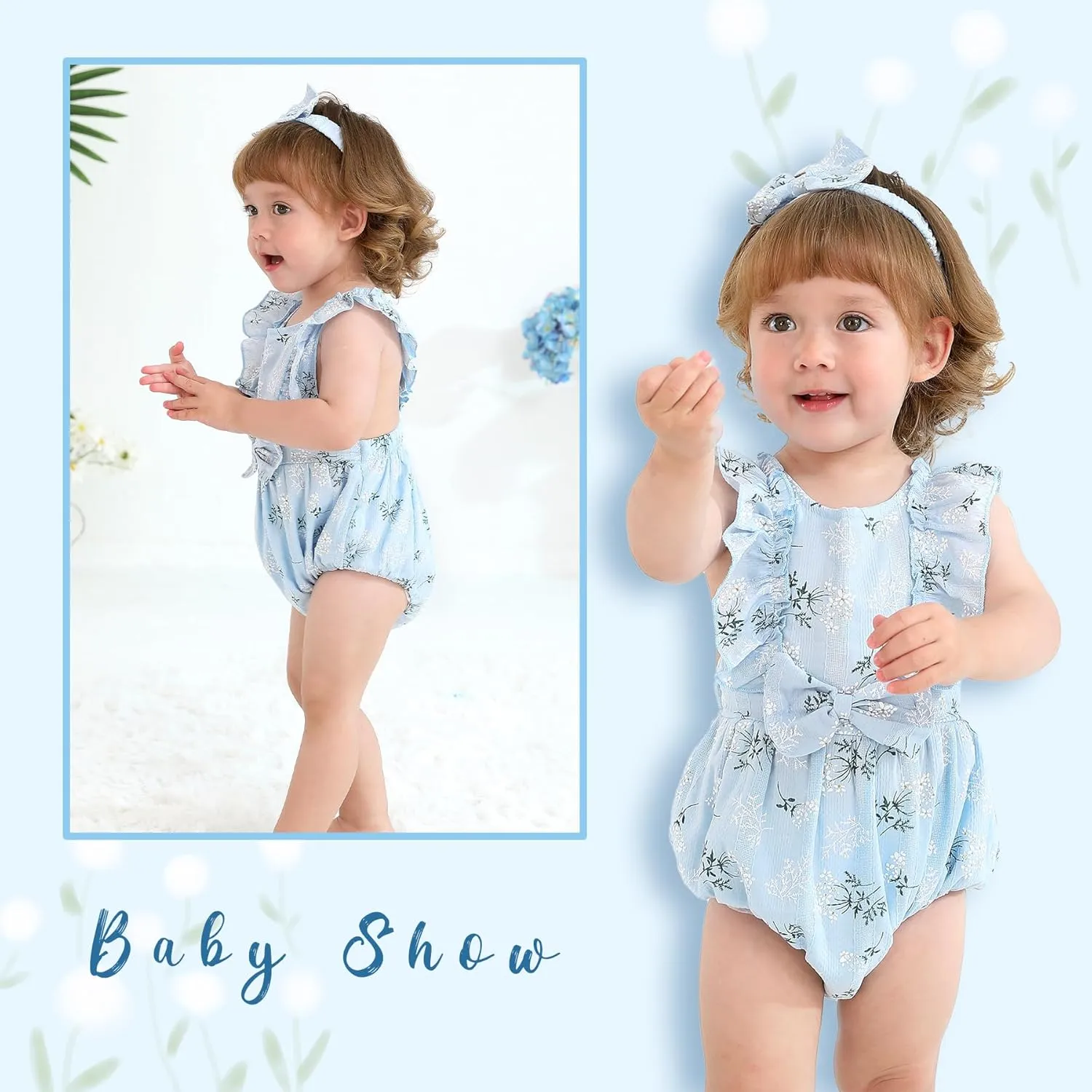 YOUNGER TREE Newborn Baby Girl Clothes Ruffle Sleeve Rompers Infant Backless Floral Jumpsuit Summer Outfits with Headband