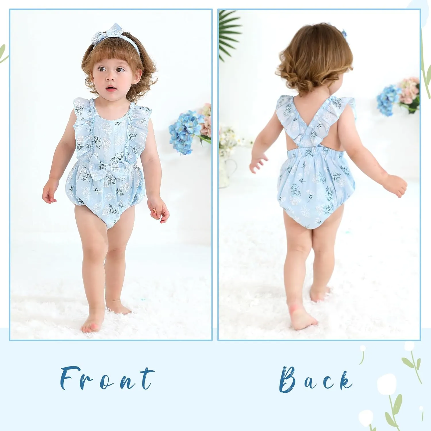 YOUNGER TREE Newborn Baby Girl Clothes Ruffle Sleeve Rompers Infant Backless Floral Jumpsuit Summer Outfits with Headband