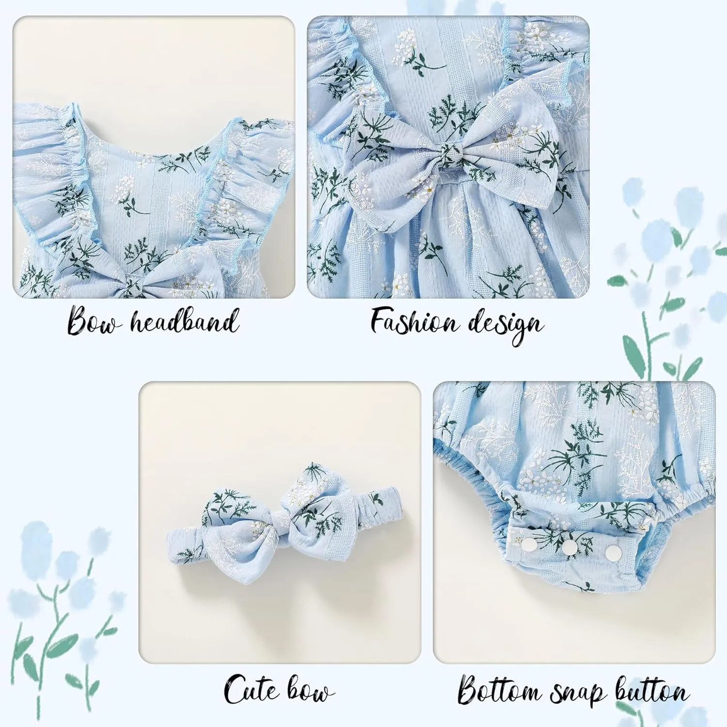 YOUNGER TREE Newborn Baby Girl Clothes Ruffle Sleeve Rompers Infant Backless Floral Jumpsuit Summer Outfits with Headband