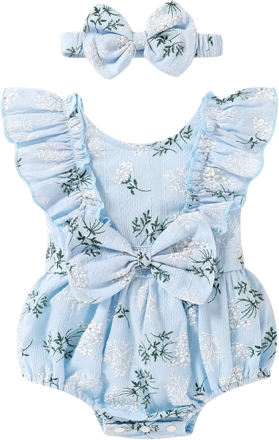 YOUNGER TREE Newborn Baby Girl Clothes Ruffle Sleeve Rompers Infant Backless Floral Jumpsuit Summer Outfits with Headband