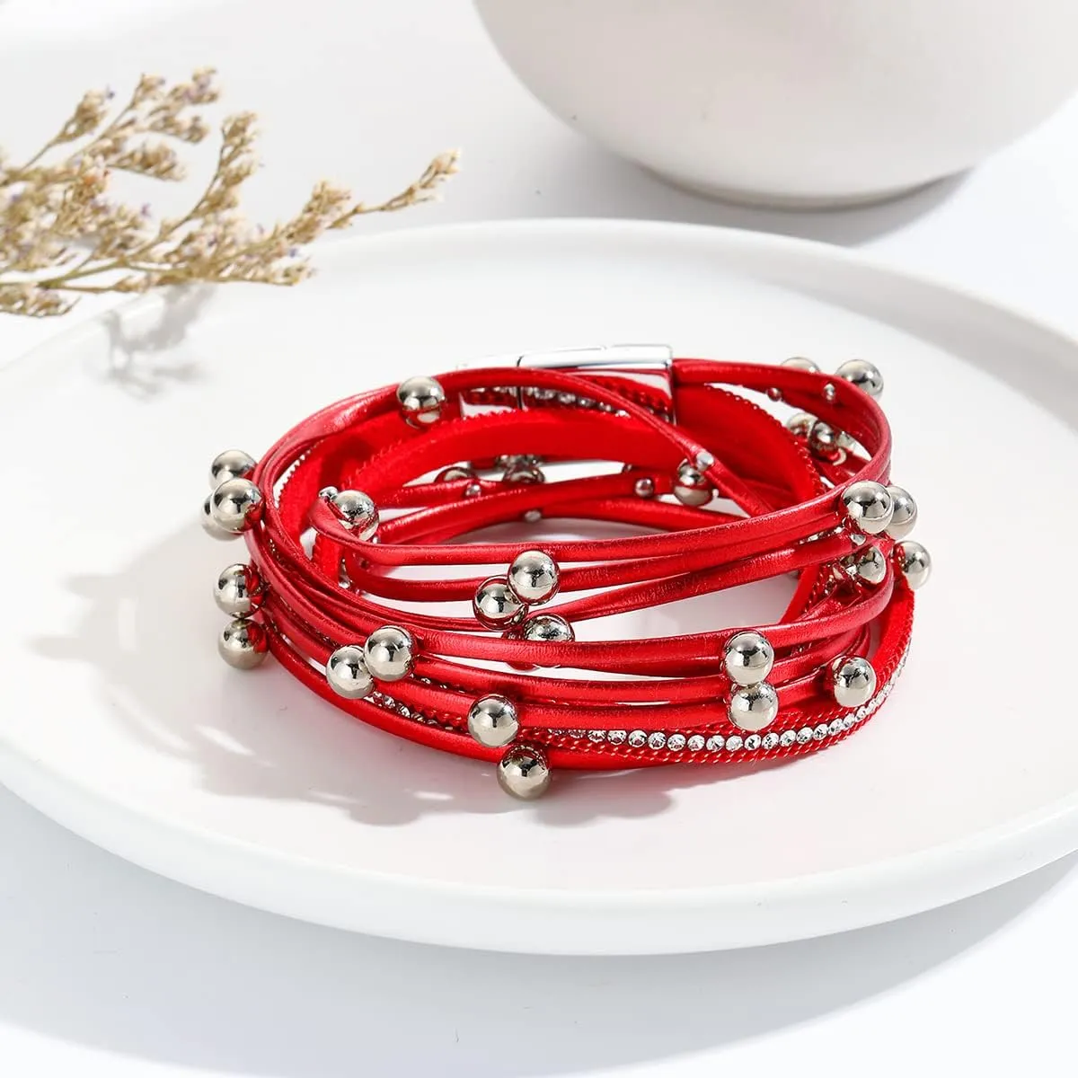 ZMANYIJEW Leather Wrap Bracelets for Women,Boho Cuff Bracelets Multi-Layer Crystal Beads Cuff Bracelet Multilayered Leopard Leather Braided Bangle Wrist Cuff Bangles