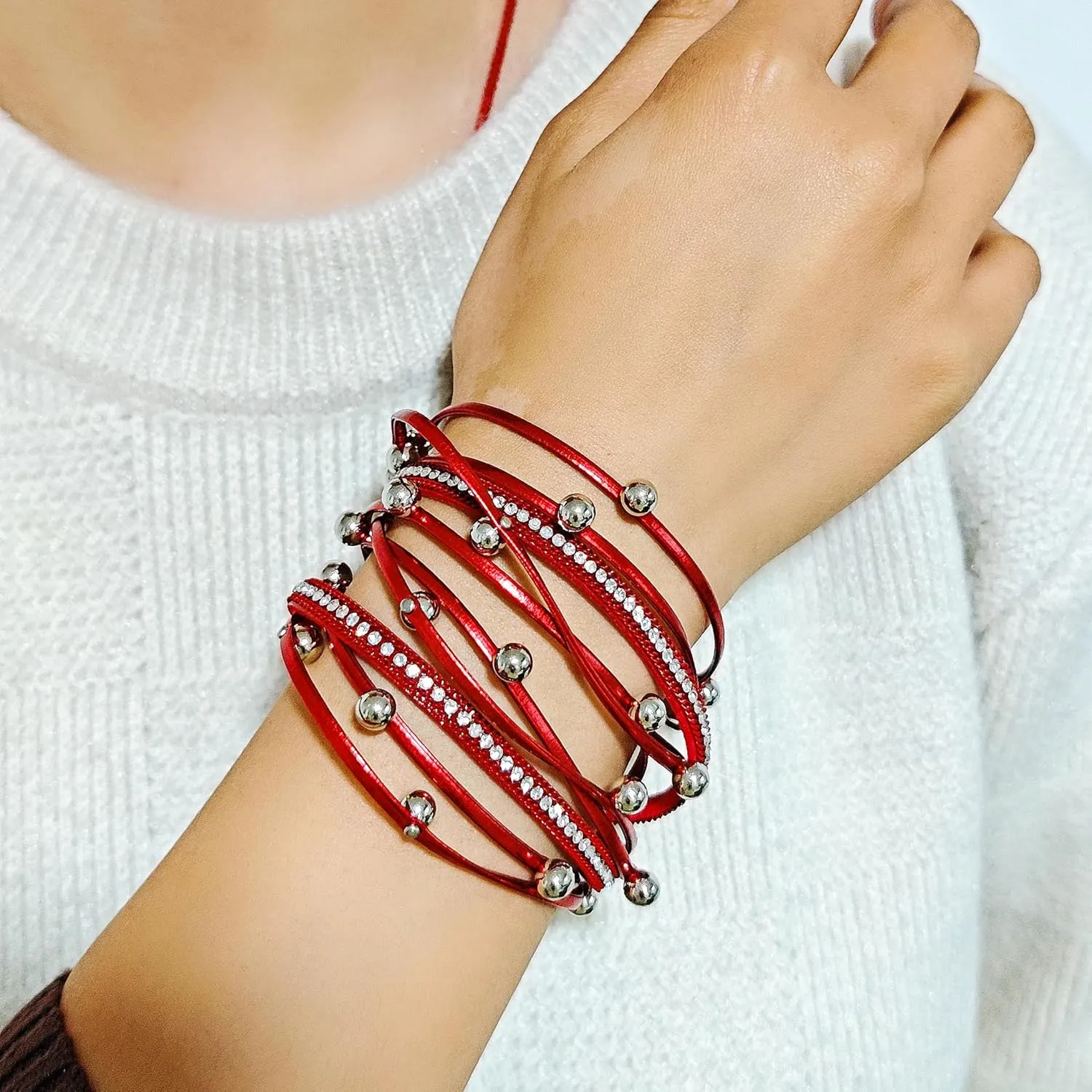 ZMANYIJEW Leather Wrap Bracelets for Women,Boho Cuff Bracelets Multi-Layer Crystal Beads Cuff Bracelet Multilayered Leopard Leather Braided Bangle Wrist Cuff Bangles