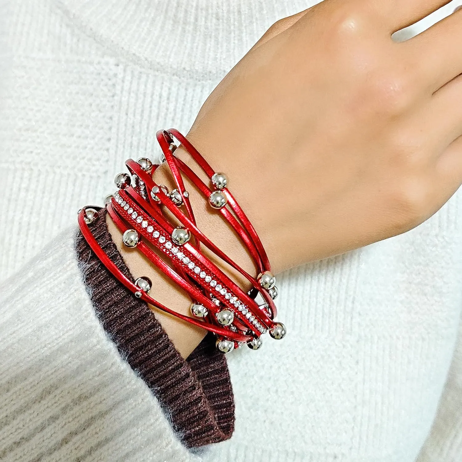 ZMANYIJEW Leather Wrap Bracelets for Women,Boho Cuff Bracelets Multi-Layer Crystal Beads Cuff Bracelet Multilayered Leopard Leather Braided Bangle Wrist Cuff Bangles