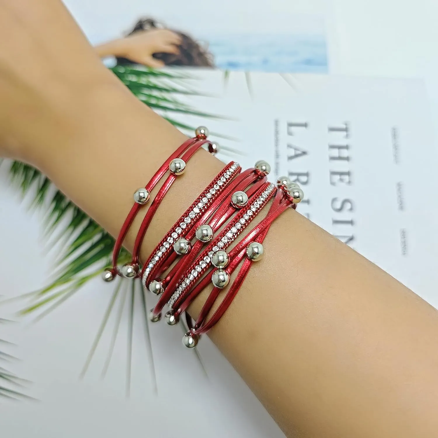 ZMANYIJEW Leather Wrap Bracelets for Women,Boho Cuff Bracelets Multi-Layer Crystal Beads Cuff Bracelet Multilayered Leopard Leather Braided Bangle Wrist Cuff Bangles