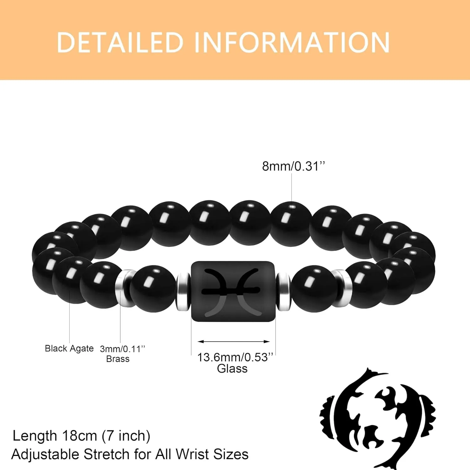 Zodiac Bracelet for Men and Women, 8mm Natural Black Agate Stone Constellation Star Sign Horoscope Bracelets 12 Constellations Cylinder Charm Jewelry Prayer Blessing Bracelet