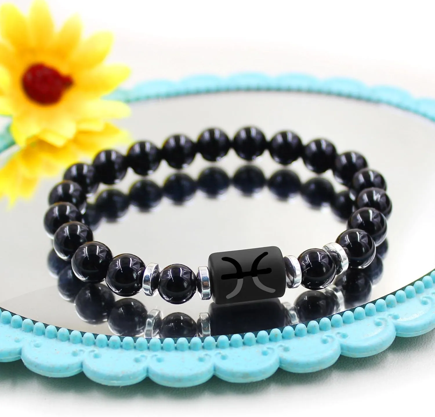 Zodiac Bracelet for Men and Women, 8mm Natural Black Agate Stone Constellation Star Sign Horoscope Bracelets 12 Constellations Cylinder Charm Jewelry Prayer Blessing Bracelet