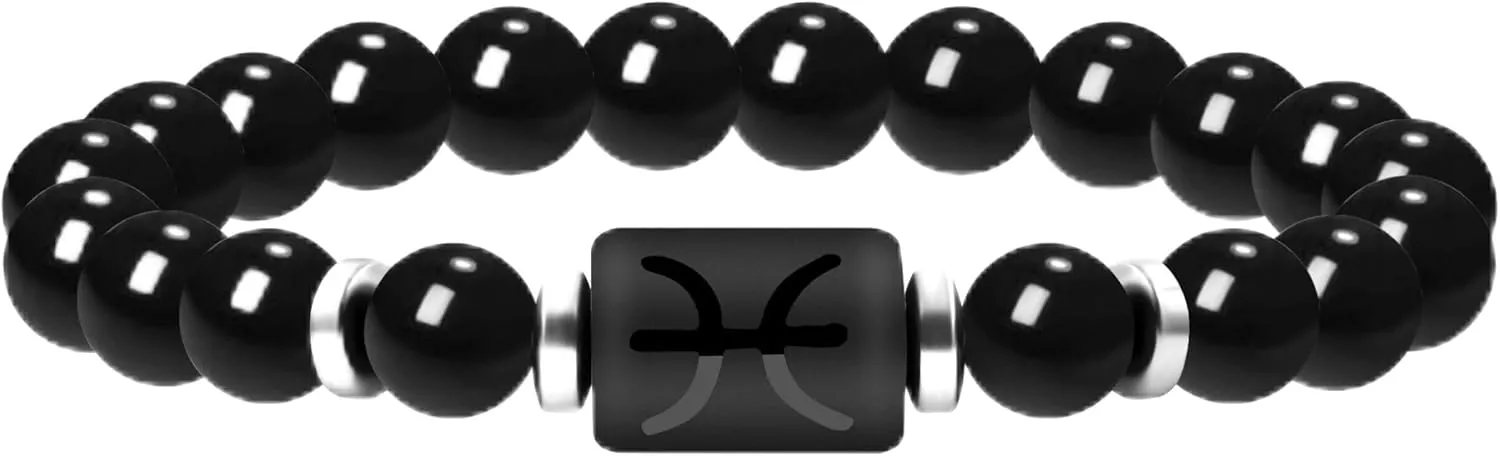 Zodiac Bracelet for Men and Women, 8mm Natural Black Agate Stone Constellation Star Sign Horoscope Bracelets 12 Constellations Cylinder Charm Jewelry Prayer Blessing Bracelet